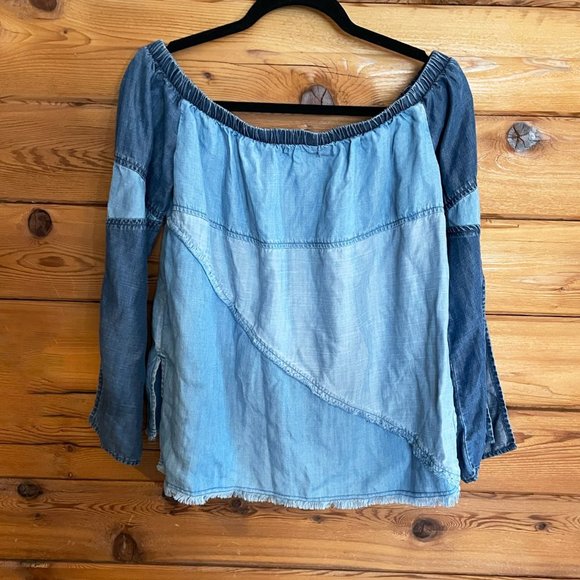 Cloth & Stone Off the Shoulder Chambray Patchwork Top Small - Picture 3 of 7